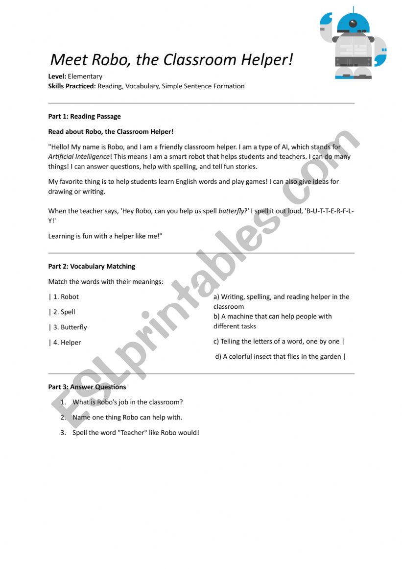 Robo the classroom helper worksheet