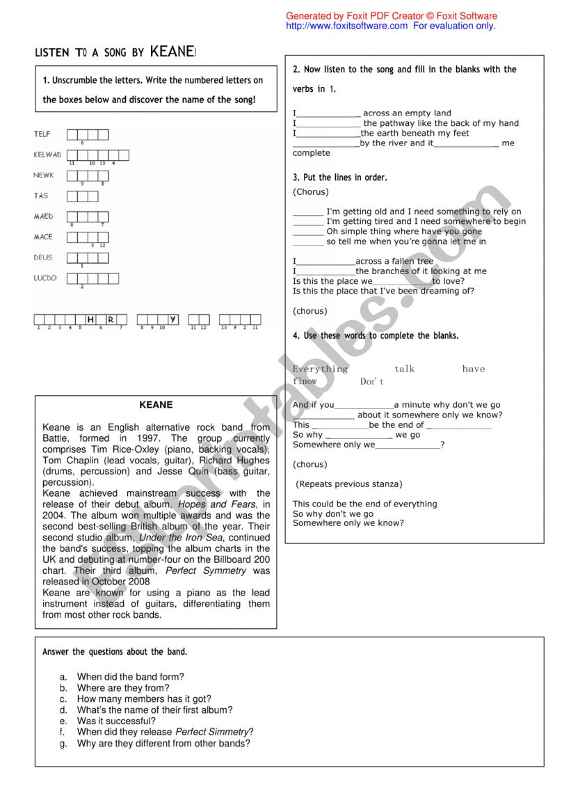 Song Somewhere Only We Know - by Keane worksheet