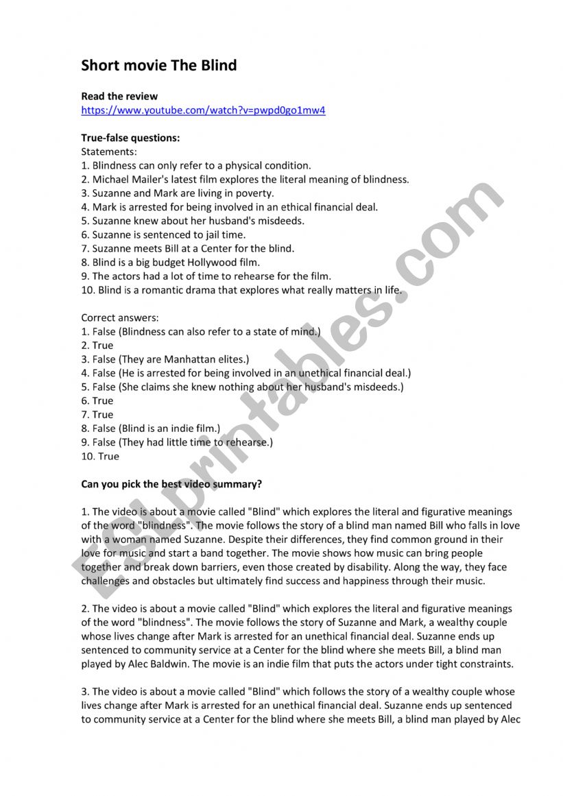 The Blind_short movie worksheet