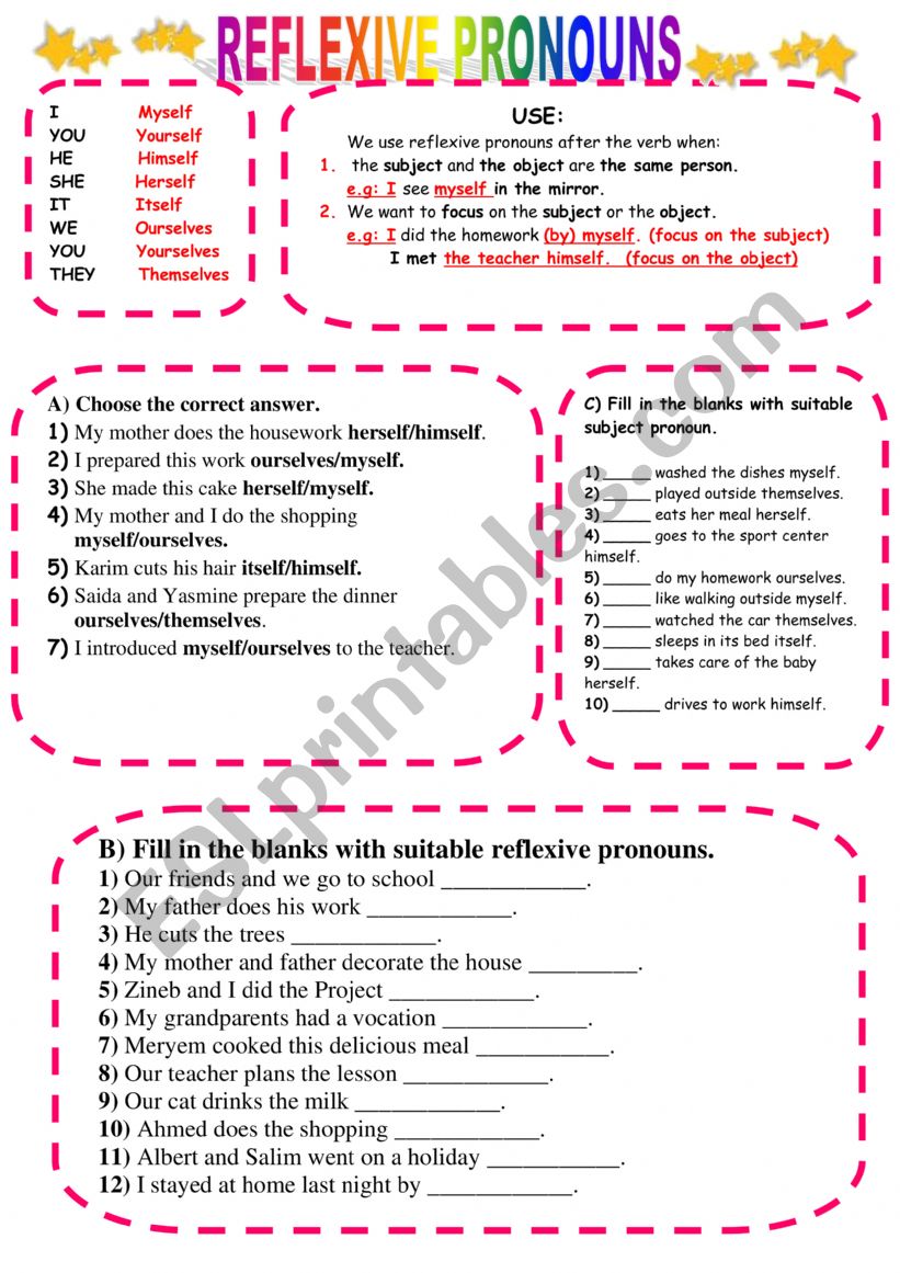 reflexive pronouns worksheet