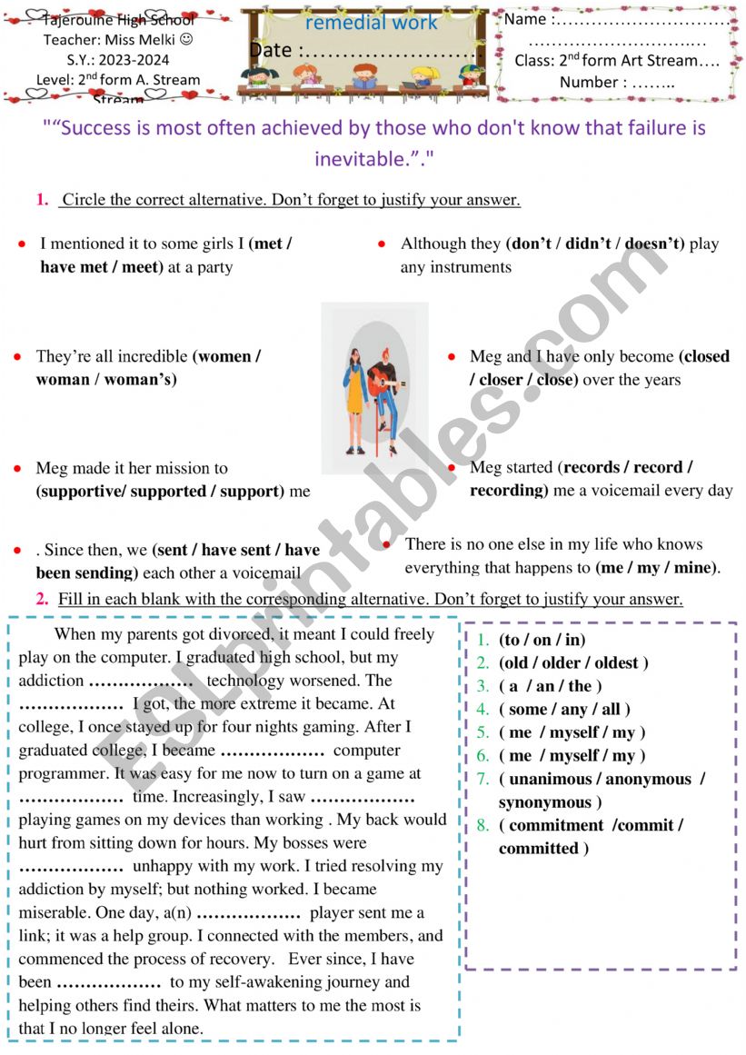 remedial work 2nd form worksheet