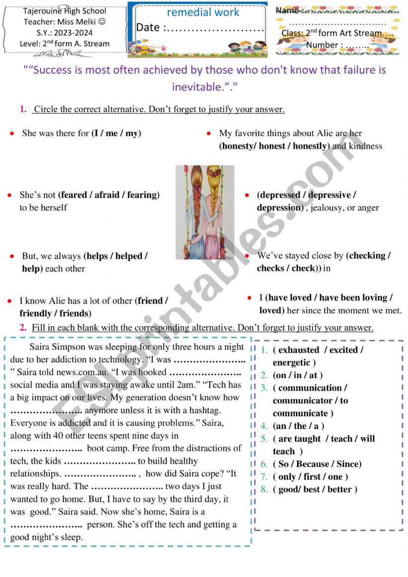 remedial work 2nd form worksheet