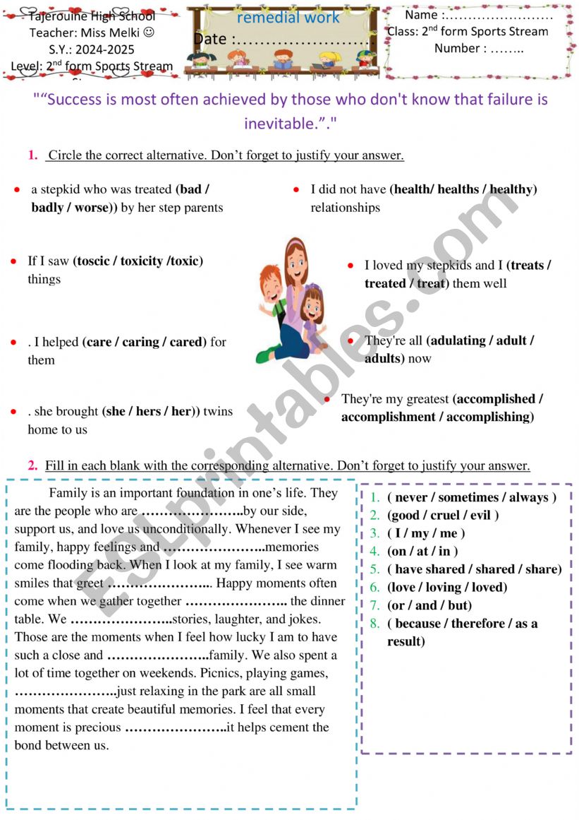 remedial work 2nd form worksheet