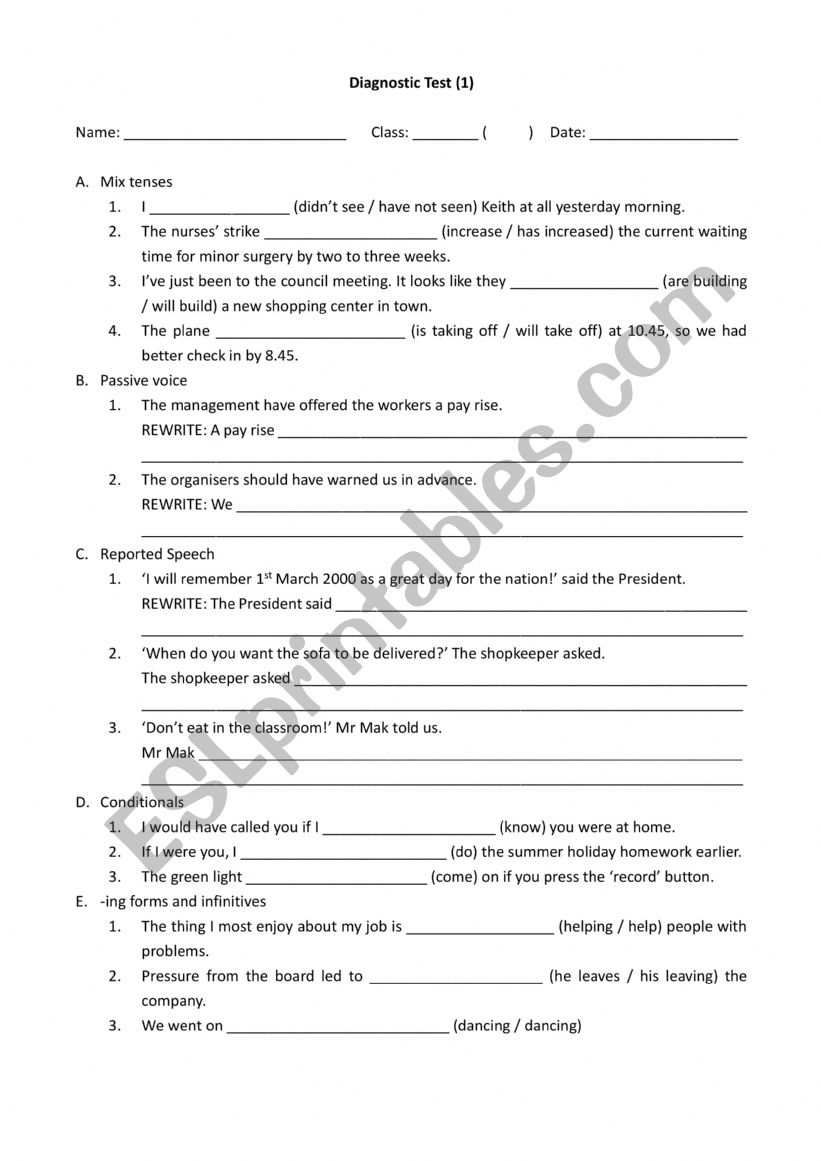 Diagnostic Test (1) worksheet