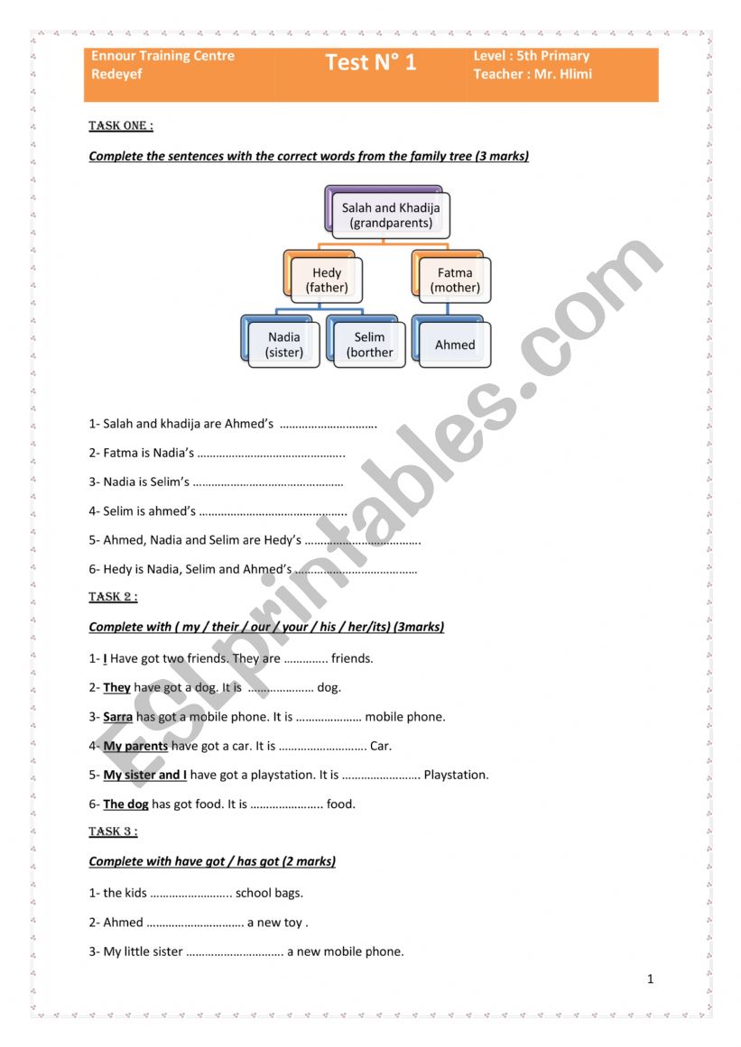 Test 1 For 5th primary school 