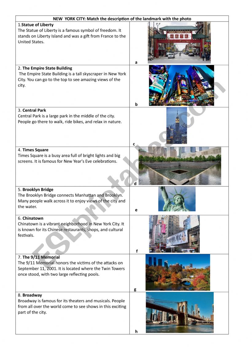 New York City landmarks worksheet