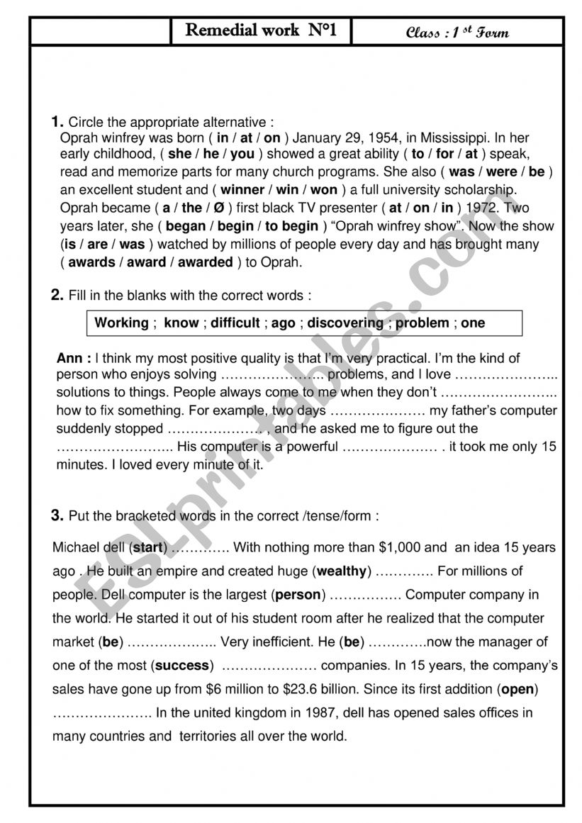 Remedial work 1 for 1st year sec 