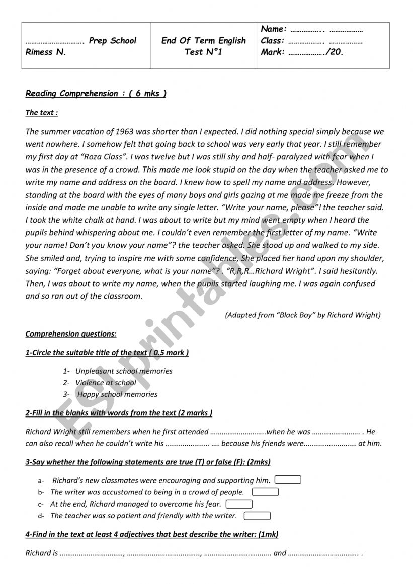 End of term 1  for 9th grade worksheet