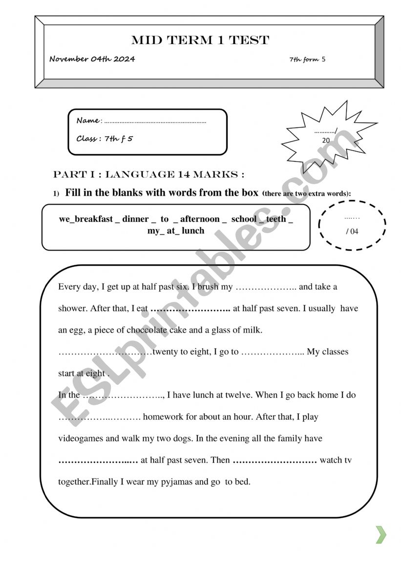 mid term 1 test - ESL worksheet by mirouetta