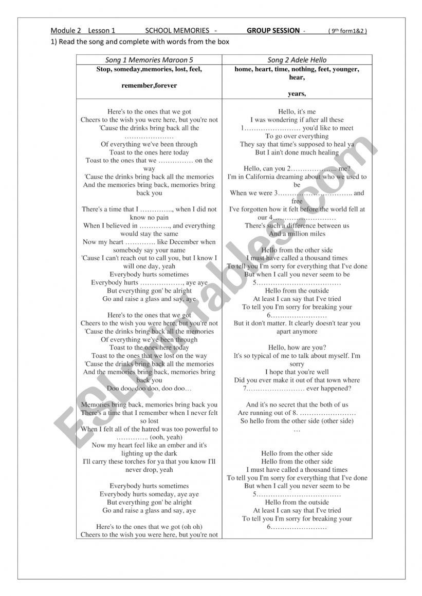 school memories worksheet