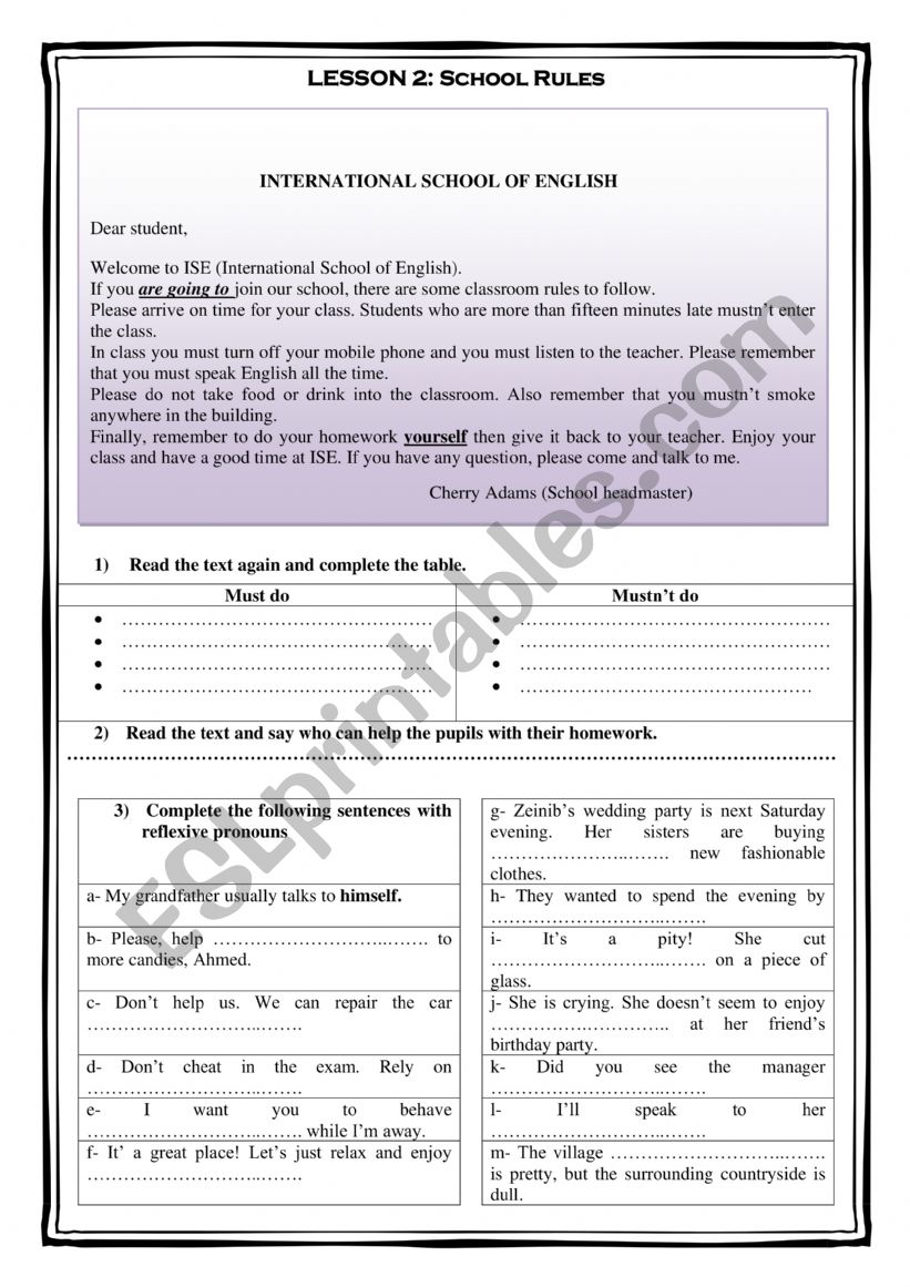 School rules Reading comprehension +activities 