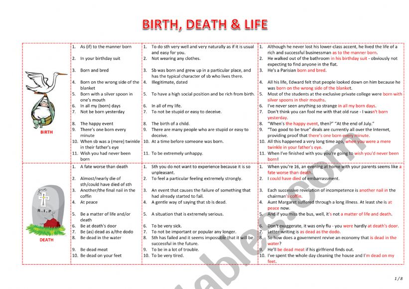 Birth, Life, Death Idioms worksheet