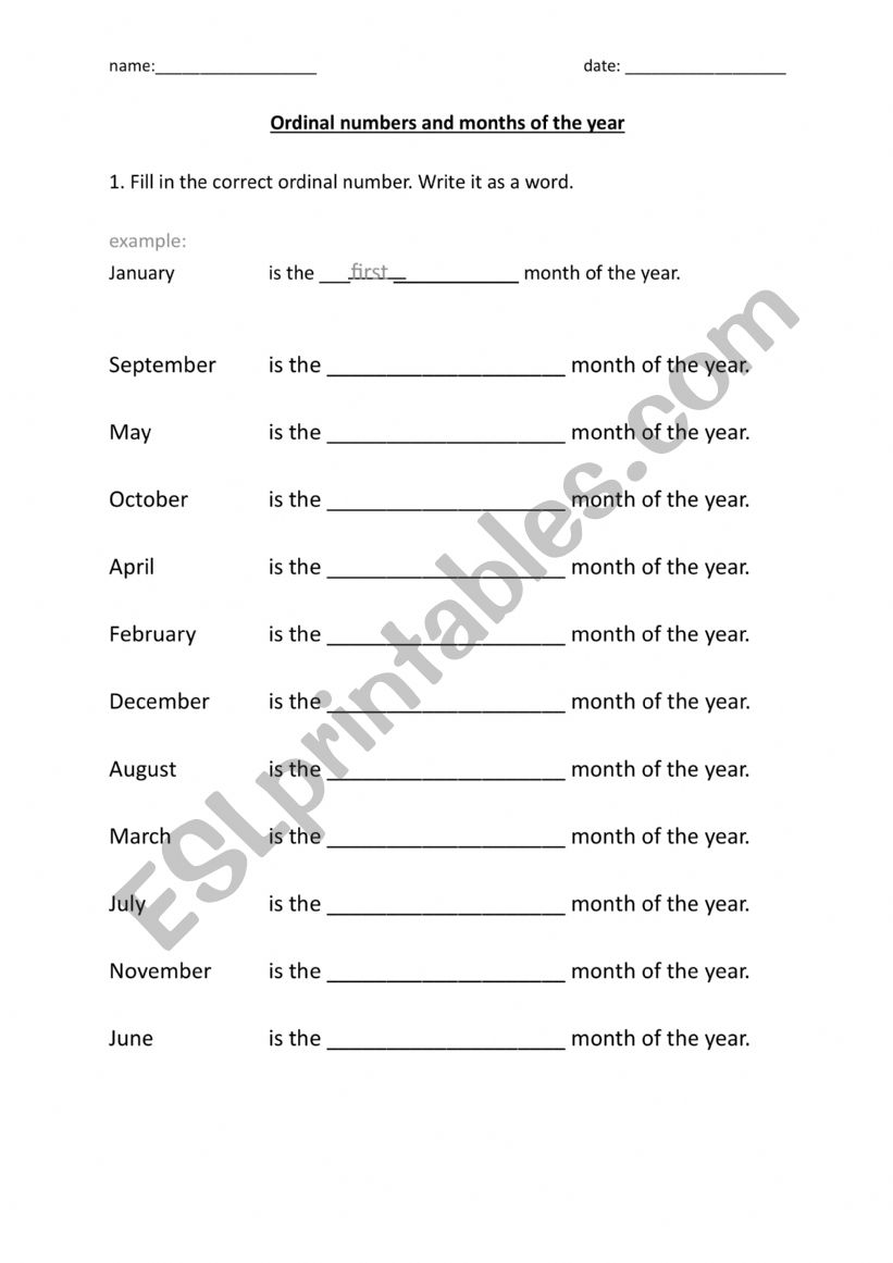 ordinal numbers and months of the year