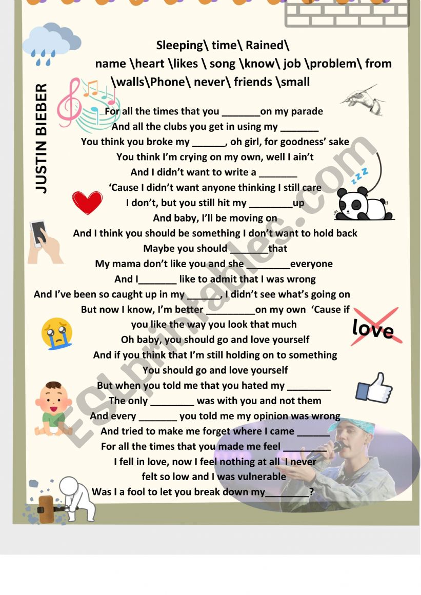 justin bieber love yourself song worksheet