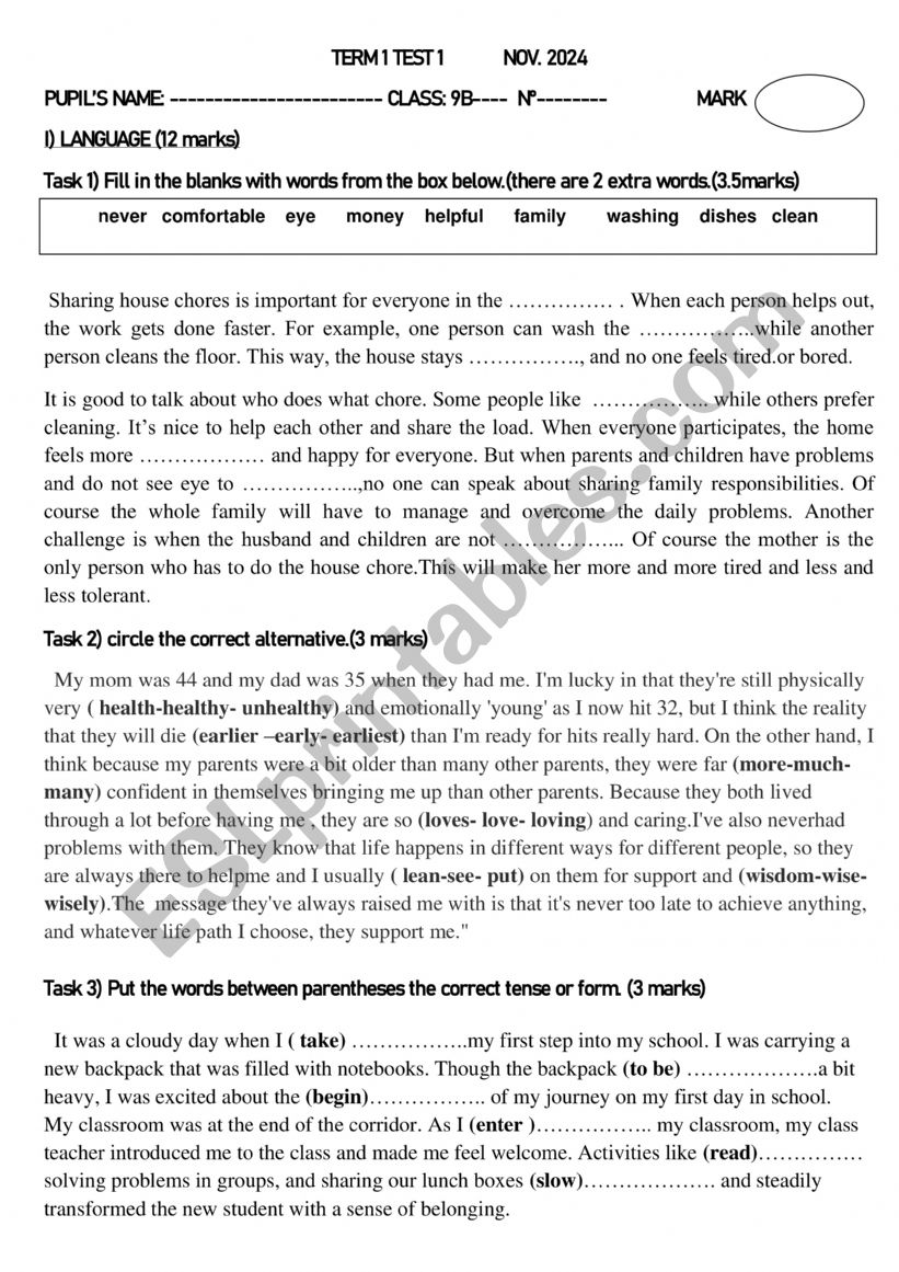 term 1 test 1 9th form worksheet