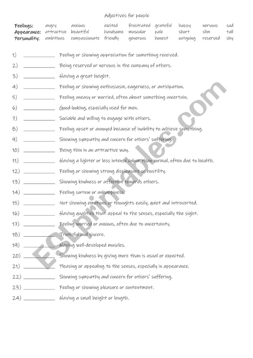 A2+-B1 8 adjectives for each - feelings - appearance and personality