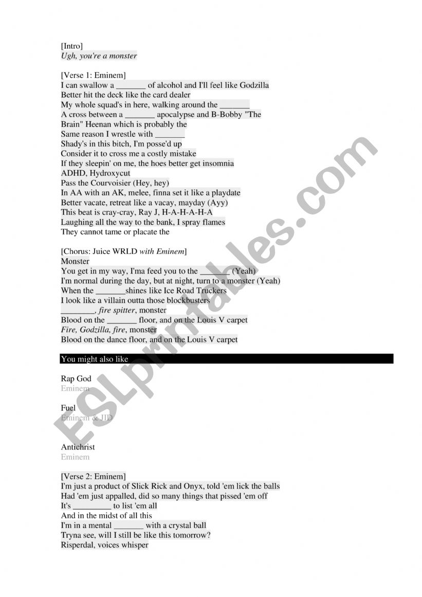 Eminem Godzilla song worksheet