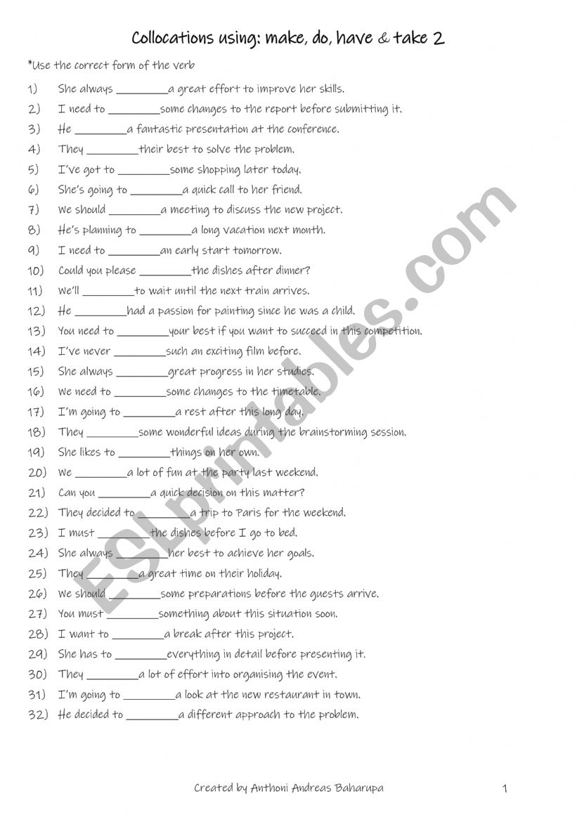 A2-B1 Collocations using make, do, have & take 2