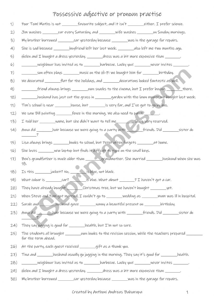 A1+-A2 Possessive adjectives & possessive pronouns practise 2