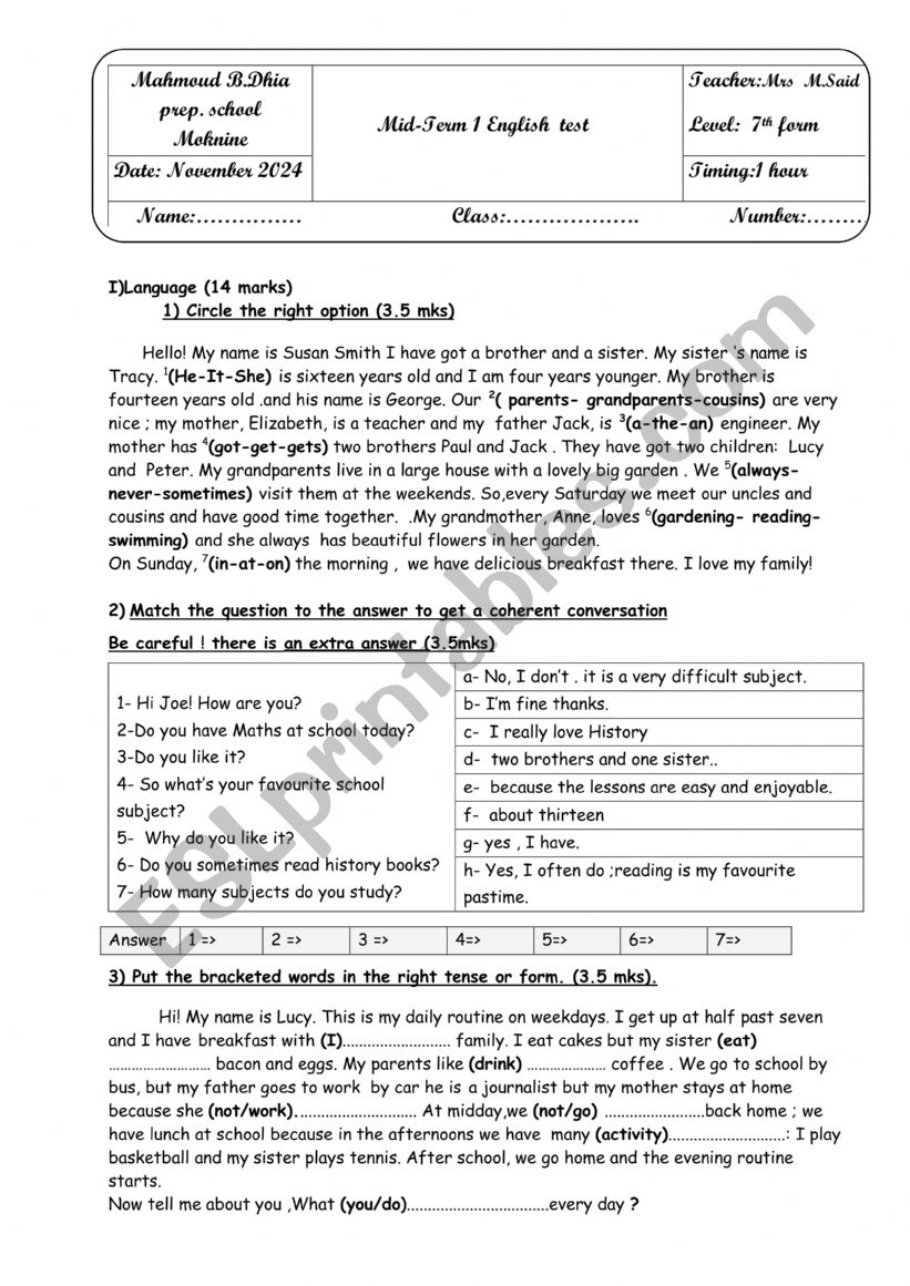 test 7th mid term 1 worksheet