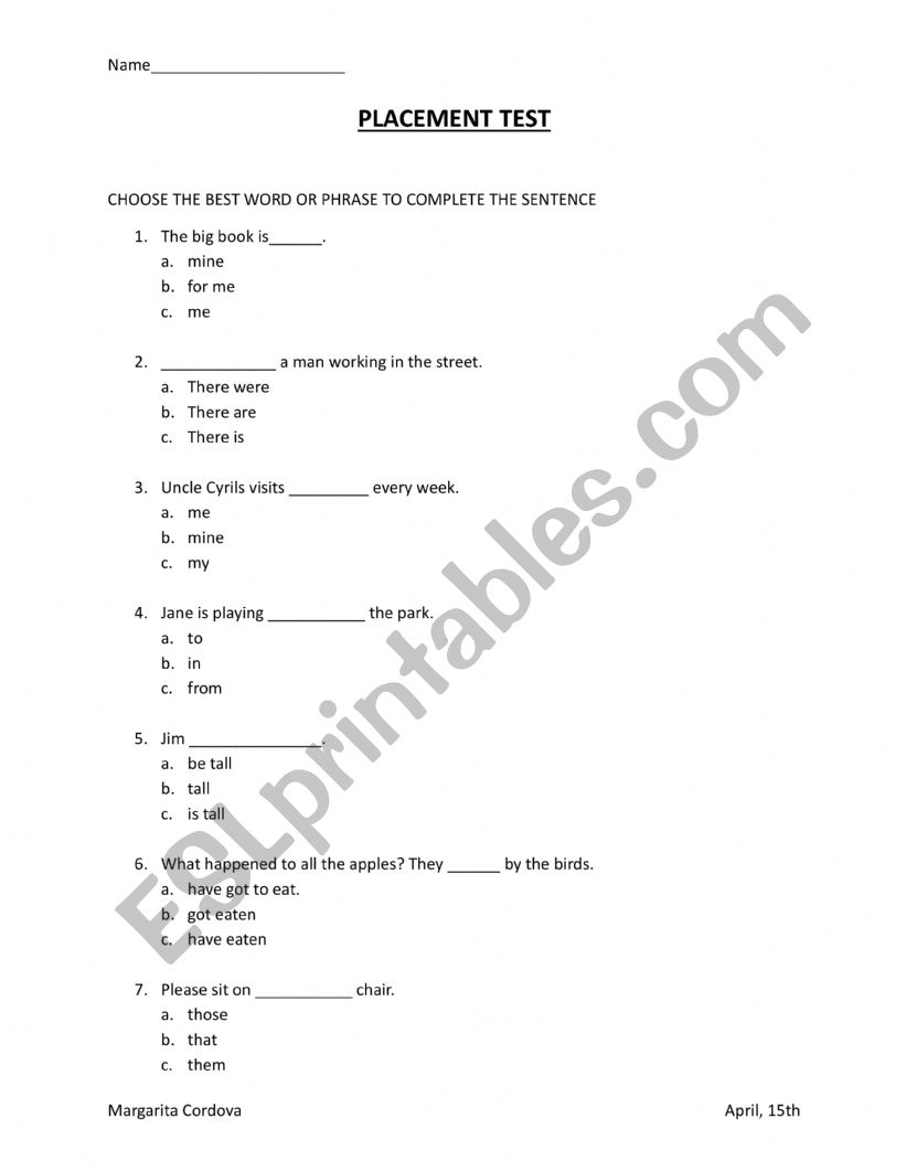 Placement Test worksheet