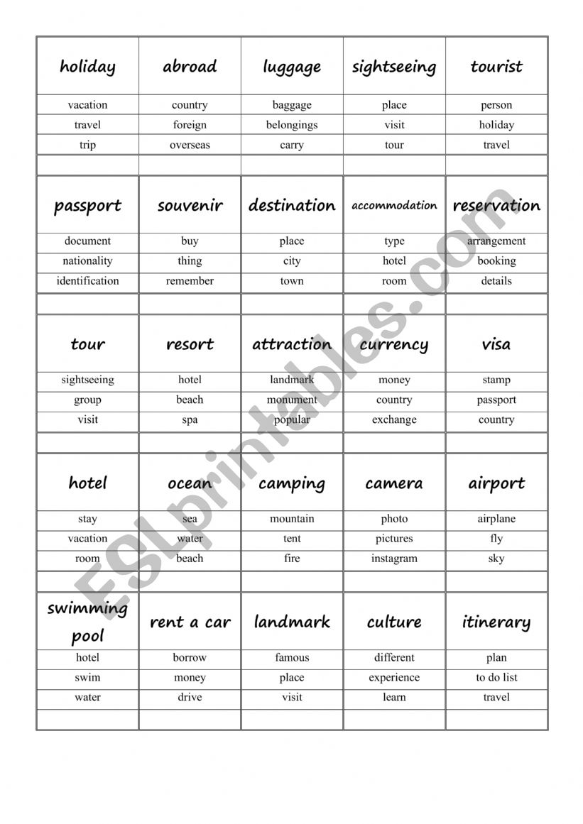 Travel taboo worksheet