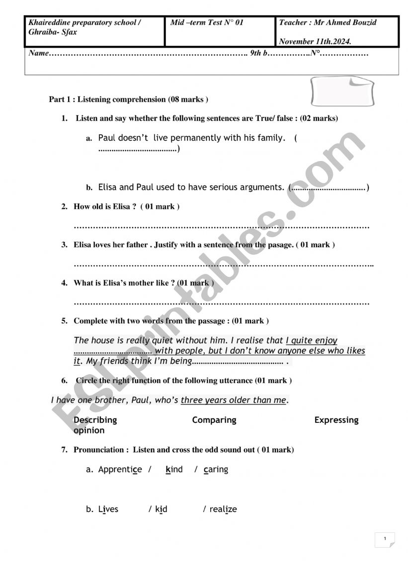 test worksheet