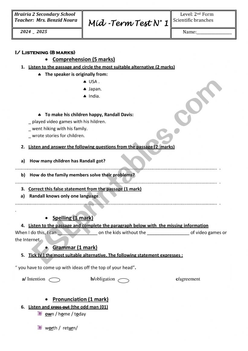 2nf form mid test n 2 worksheet