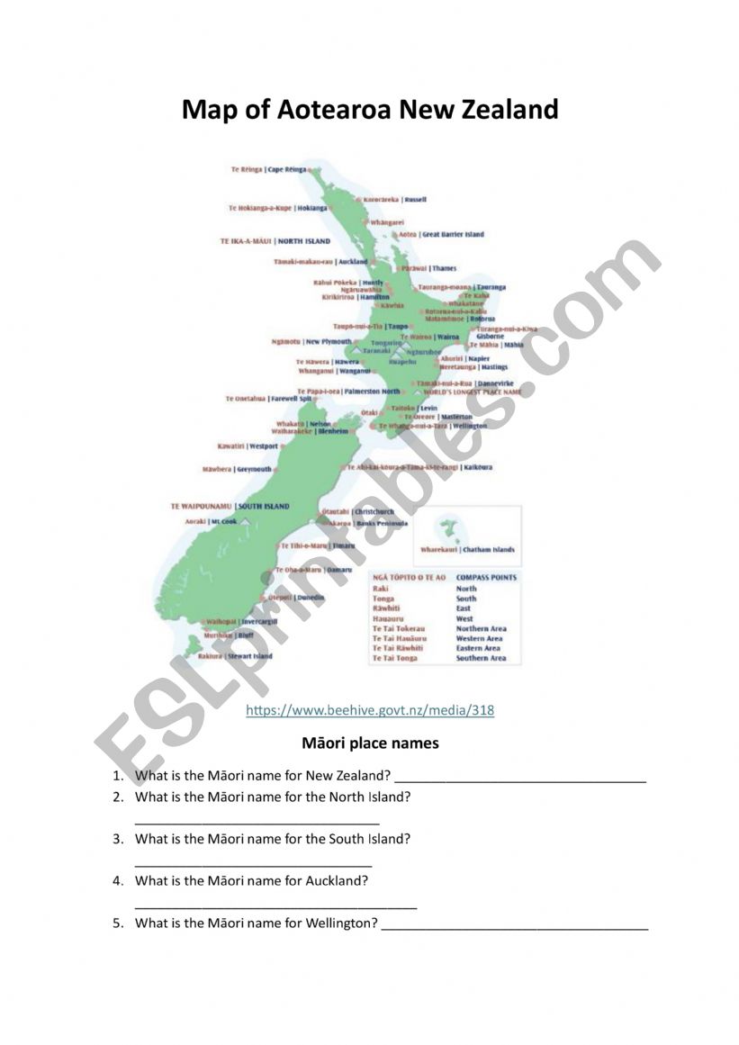 Map of Aotearoa New Zealand worksheet