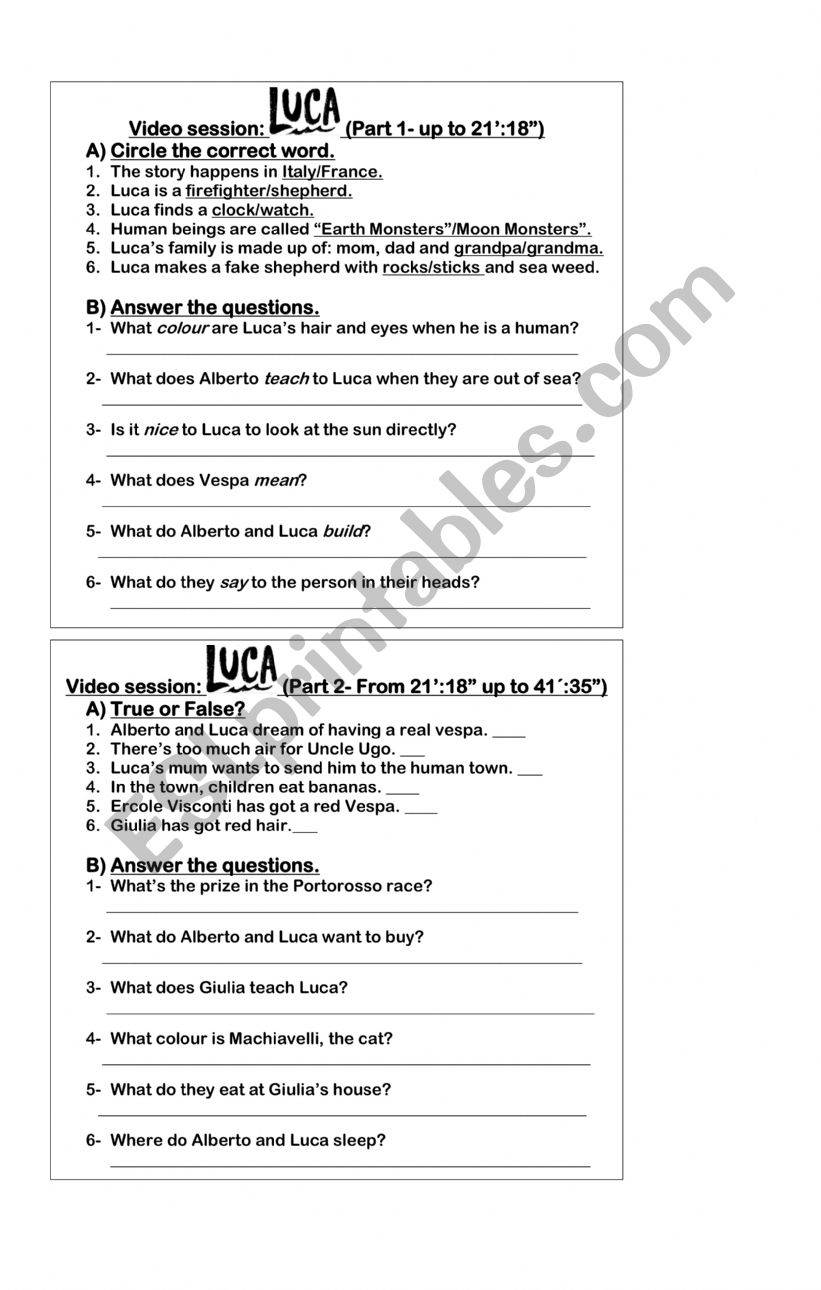 Luca, movie.  worksheet