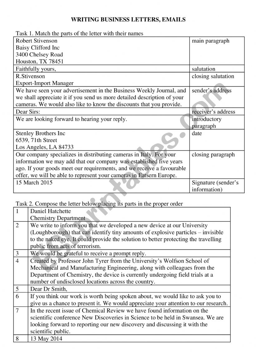 Writing bisness letters worksheet