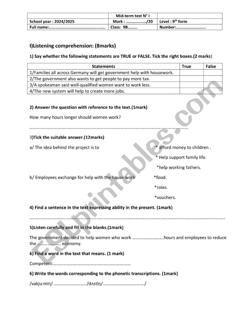 Mid term test 1 worksheet