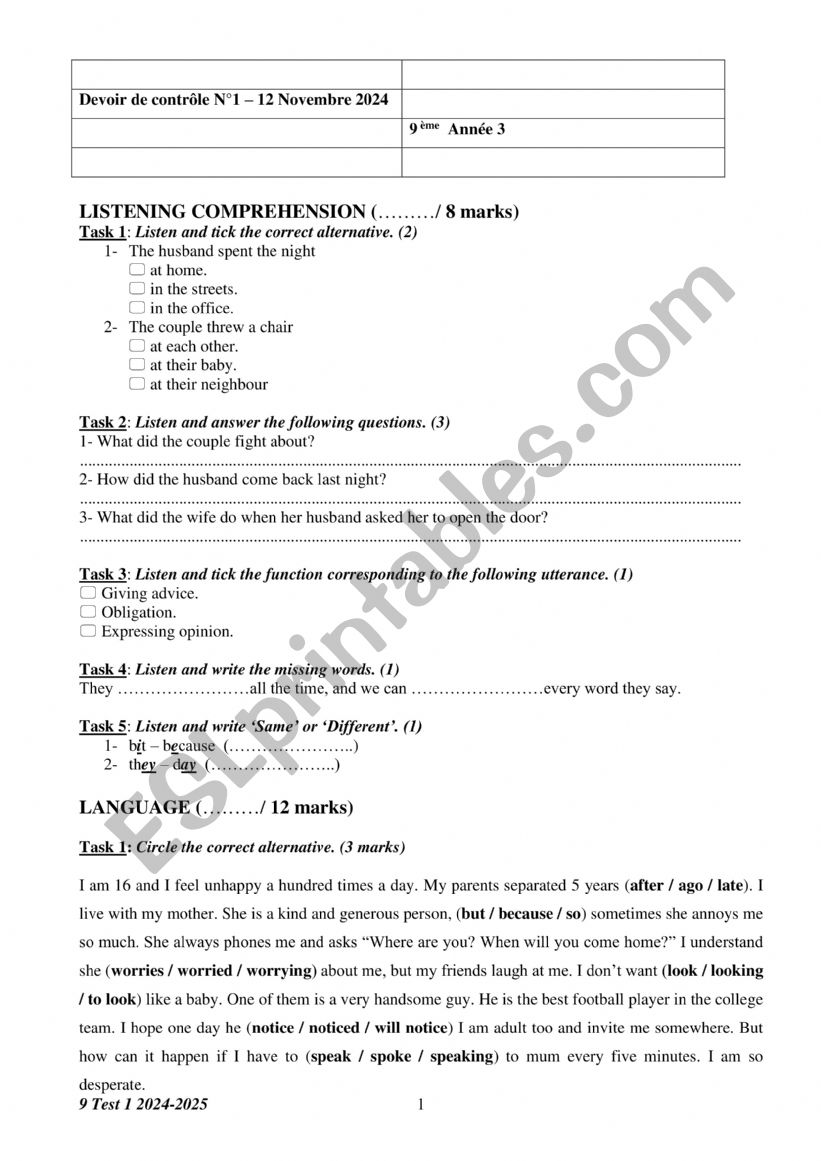 9 Test 1 2024-2025 3 worksheet