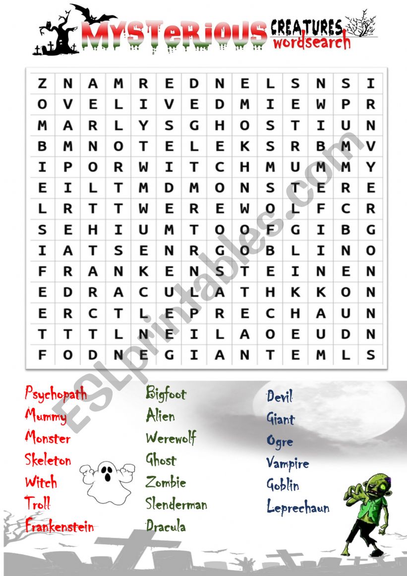 Mysterious Creatures Wordsearch