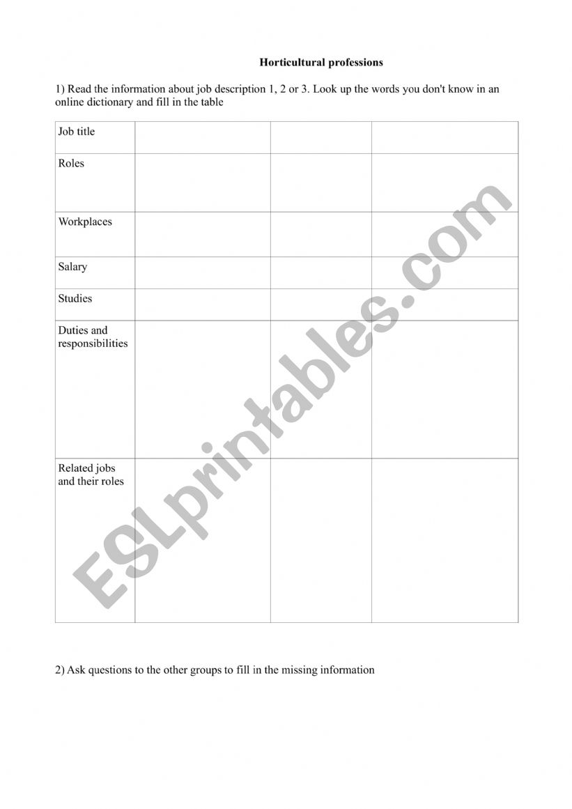 horticultural jobs worksheet