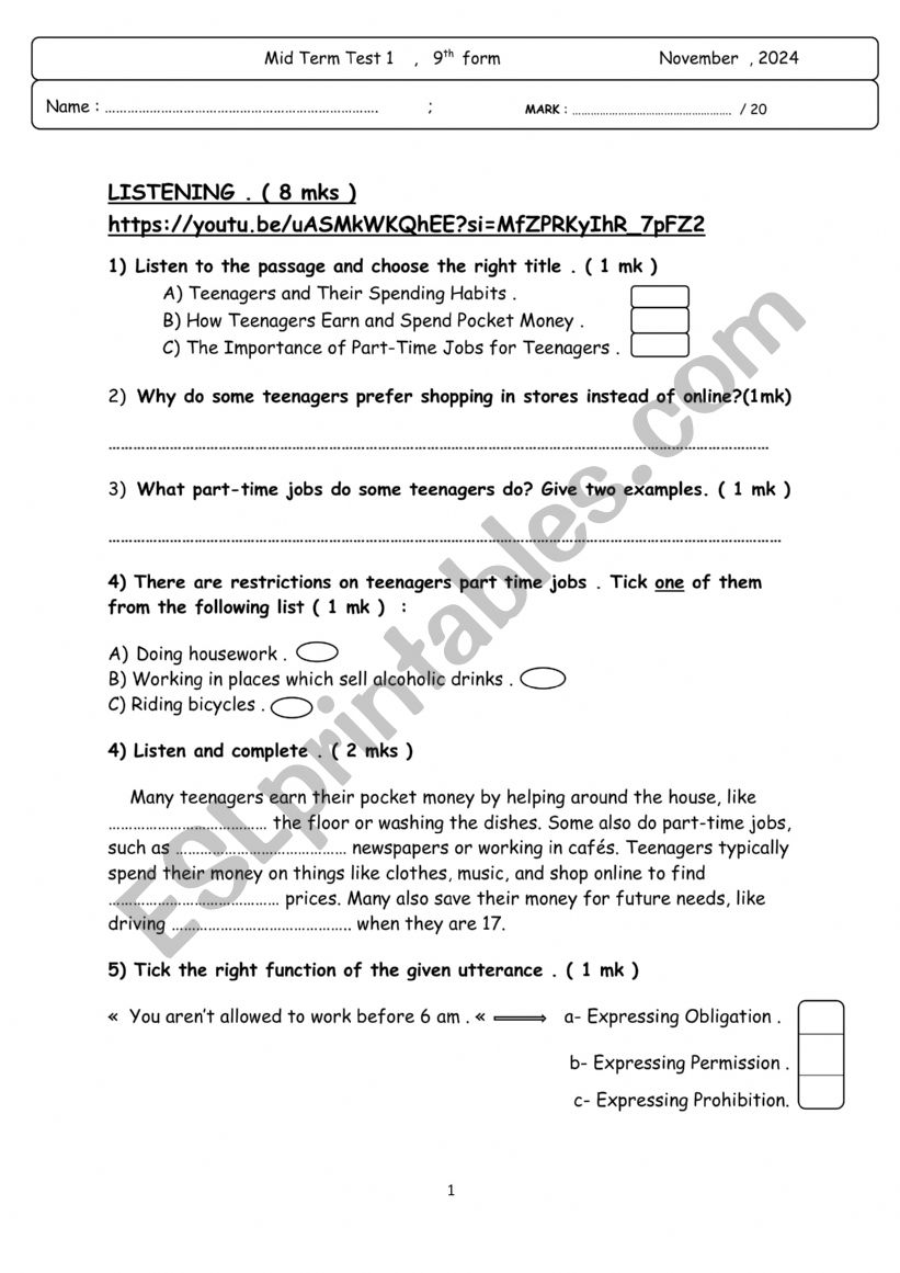 9th form mid term test 1  worksheet