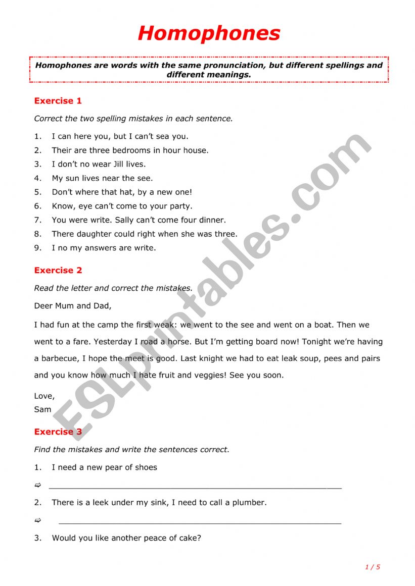 Homophones worksheet