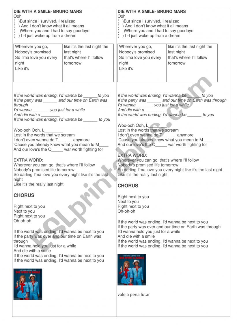 Song Die with a smile worksheet