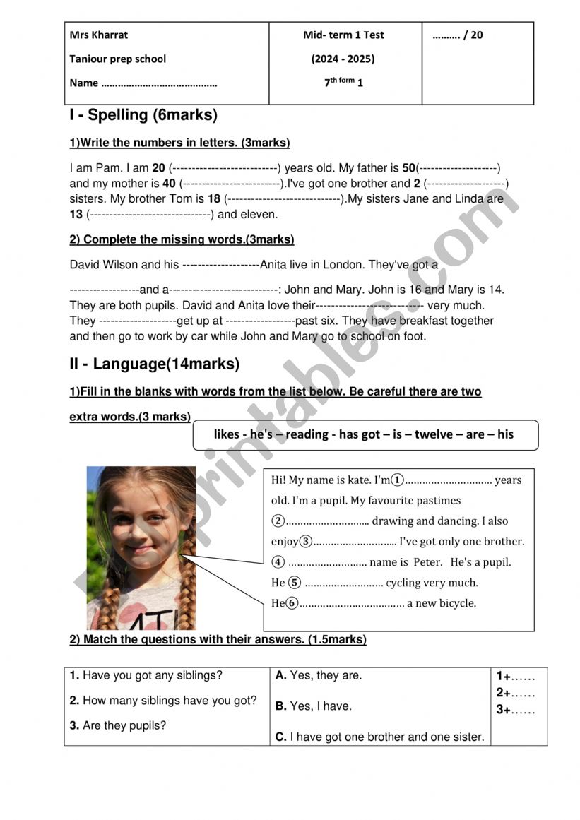 7th form Mid- Term 1 Test worksheet