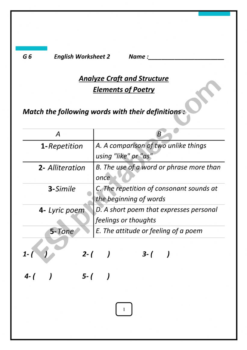 Elements of Poetry  worksheet