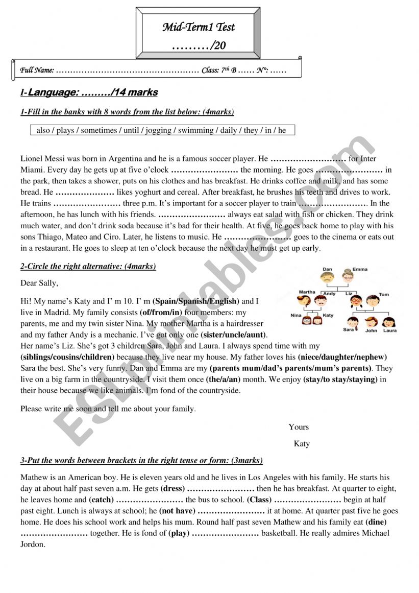 7th Mid-term1 test  worksheet