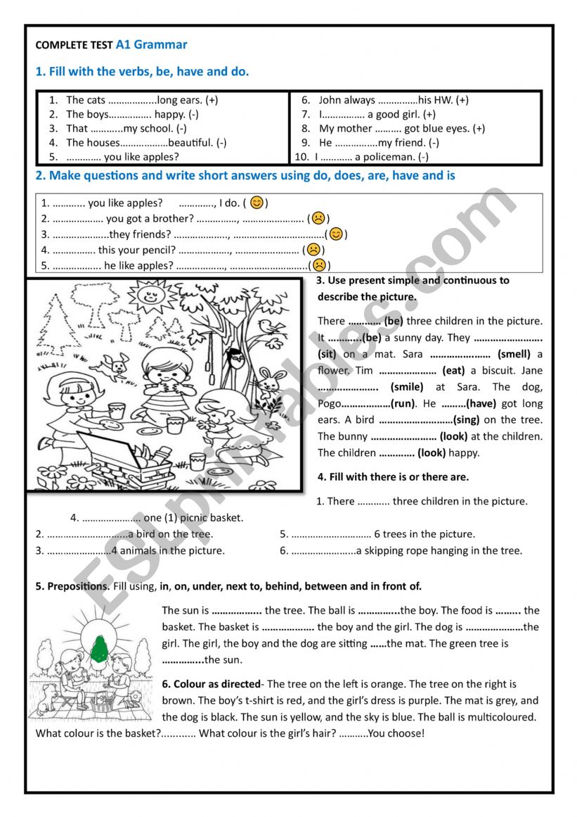 COMPLETE TEST A1 GRAMMAR worksheet