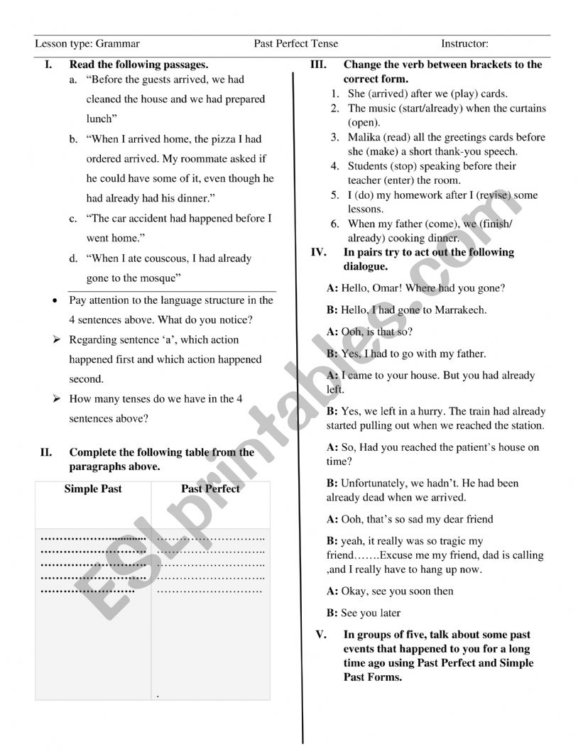 Past Perfect Worksheet worksheet