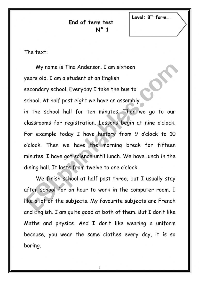 End of term 1  for 8 th  worksheet