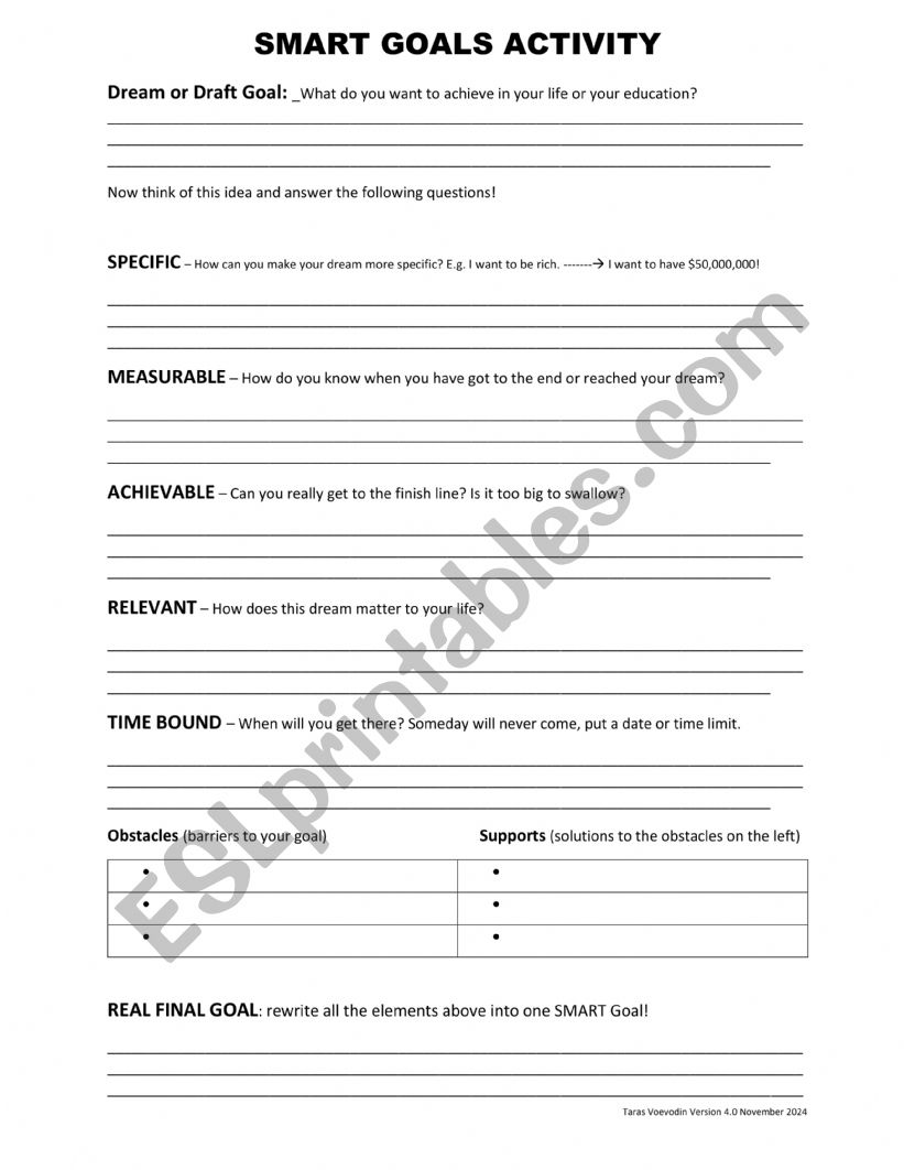 SMART Goal Reading & Writing Activity