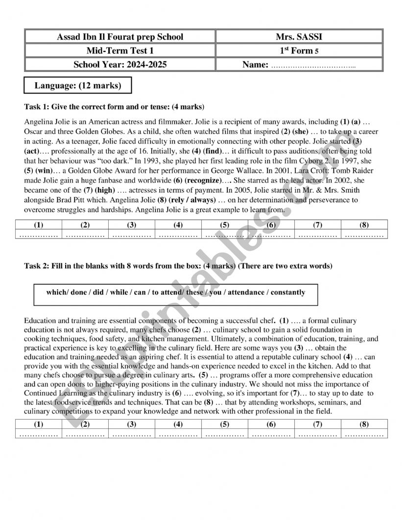 mid term test 1 1st form  worksheet