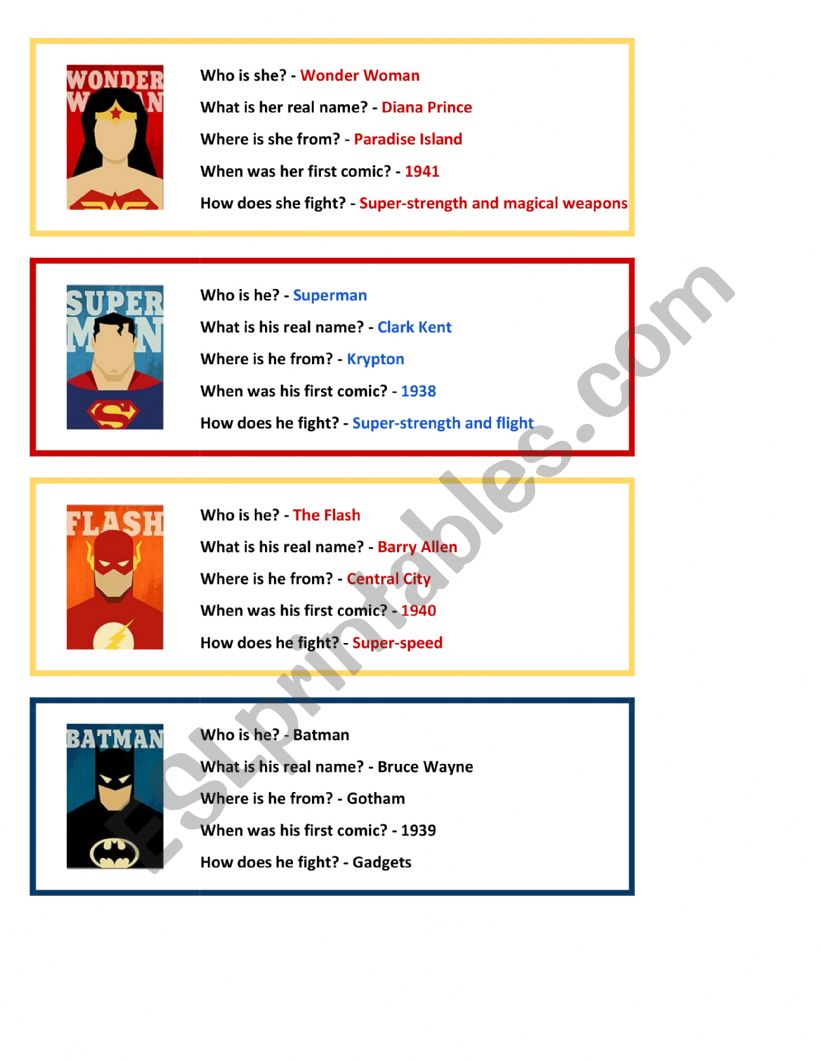 Superhero Personal Information Speaking Cards