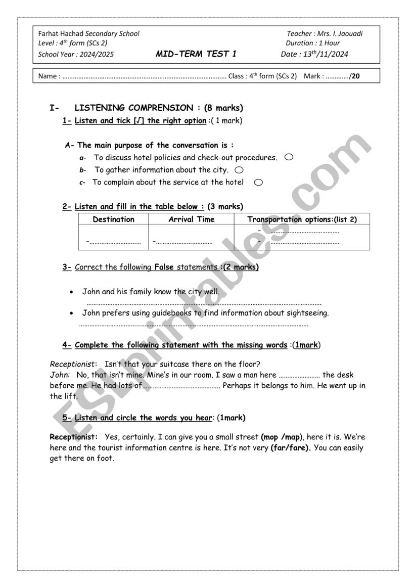 Mid-Term Test 1 worksheet