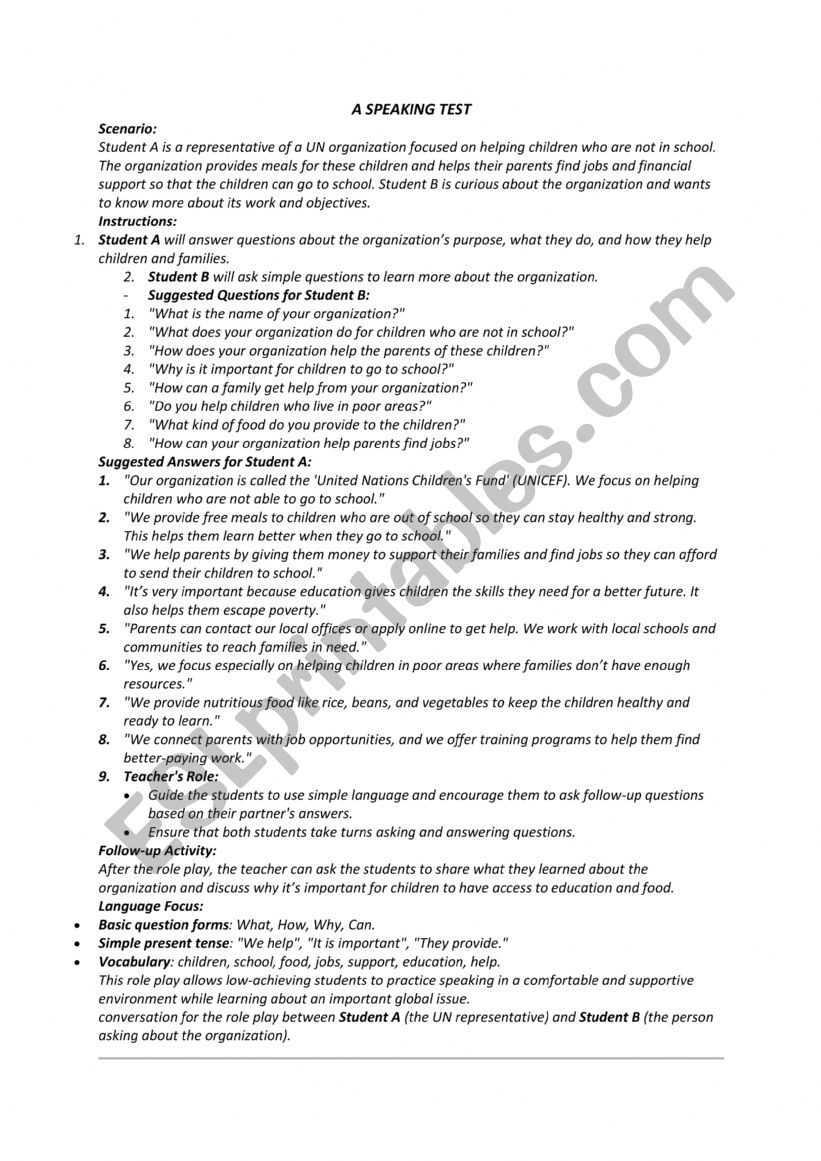 a speaking test  worksheet