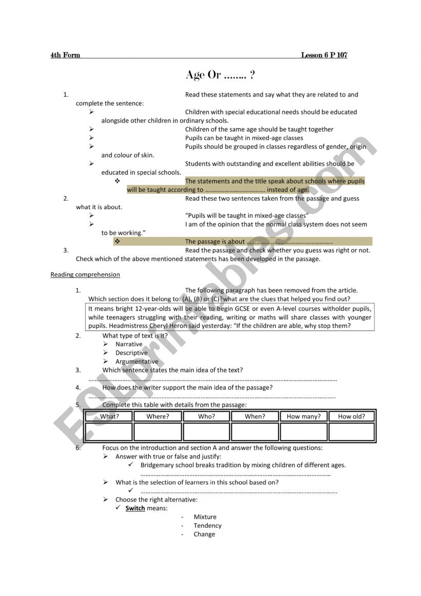 Age or ...... worksheet